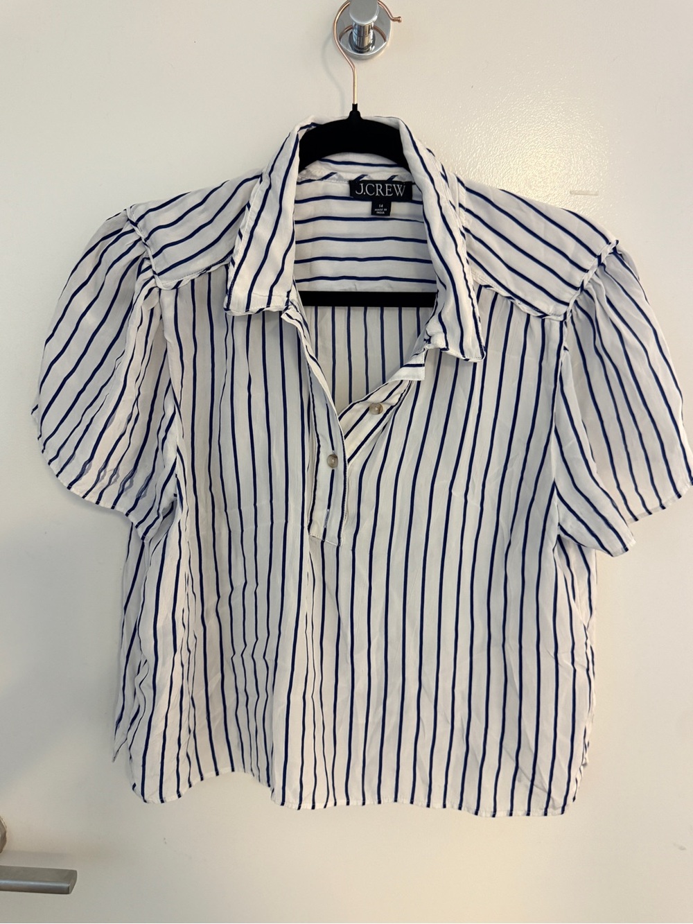 J.Crew Blue White Striped Puff Sleeve Popover Blouse Size 14 Coastal Cotton Top
